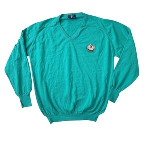 Vintage Crown Club Otter Society V-Neck Sweater Mens XL Teal Green Cotton‎ USA